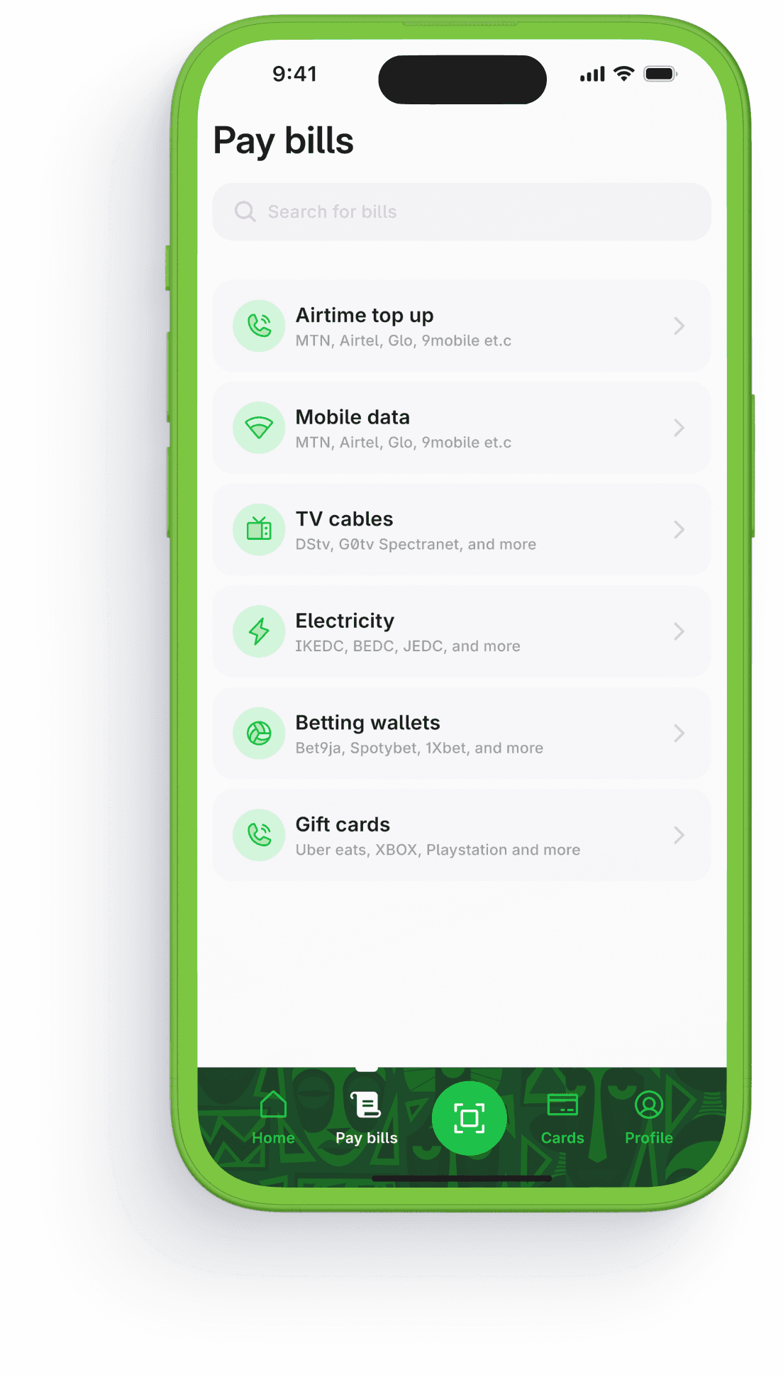 Monica app bill payment screen — airtime, data, TV, electricity, betting