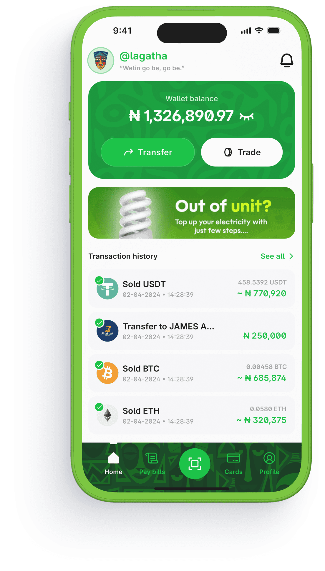 Monica app wallet showing naira balance, transfer, trade and transaction history