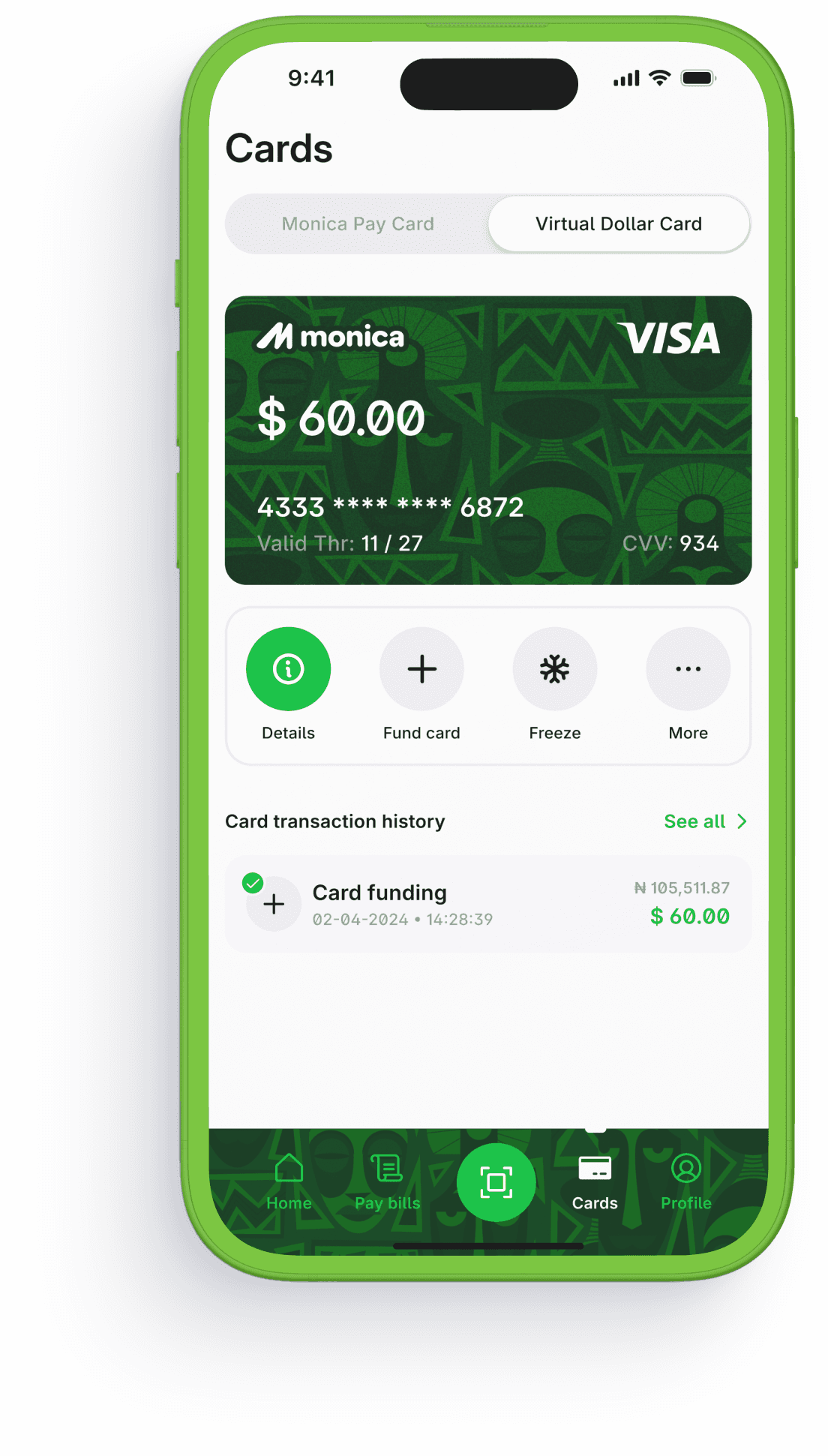 Monica app virtual dollar card screen