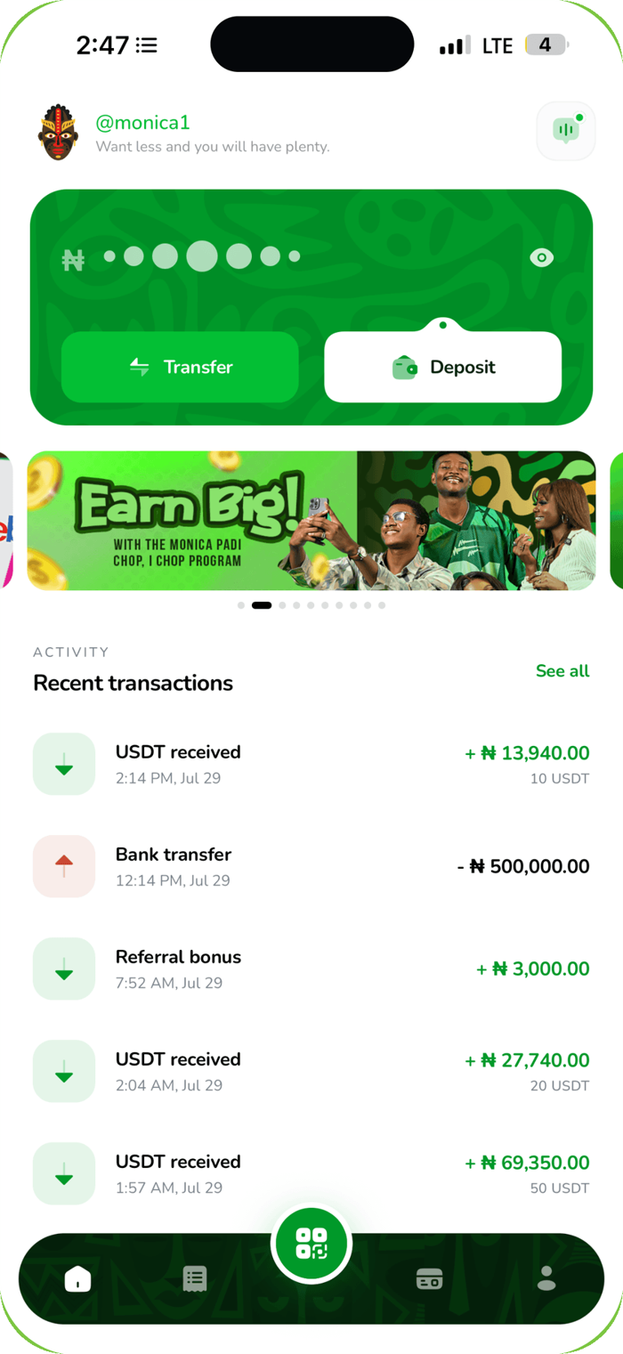 Monica wallet home screen